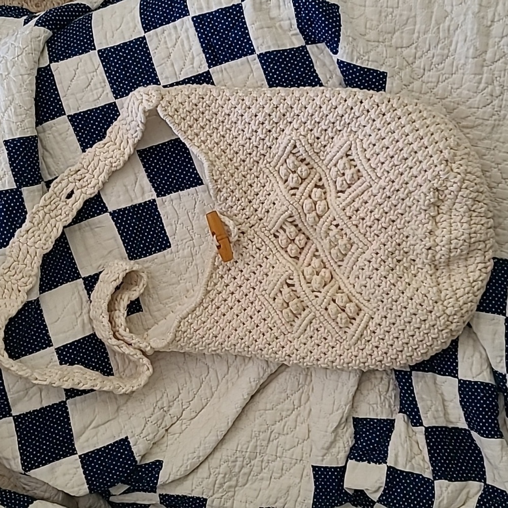 Macrame Cream Knit Shoulder Bag Boho Cottagecore Beach Festival